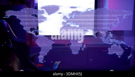 Projecting translucent dotted world map hologram across tech desk, featuring monitor and chair Stock Photo