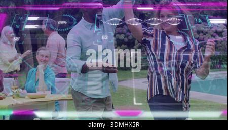 Dancing mature couple man in light shirt woman in striped shirt, twirling poolside, holographic HUD Stock Photo