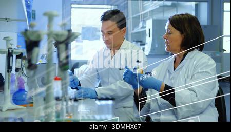 Pipetting researchers in white lab coats and blue gloves at lab bench, using micropipette Stock Photo