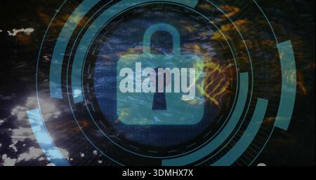Glowing translucent padlock icon floating over reflective water, showing HUD rings and binary code Stock Photo