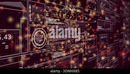 Displaying data wall panels receding in virtual dashboard, showing circular gauge and light orbs Stock Photo