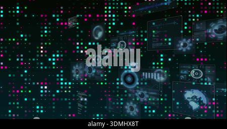 Floating holographic panels hovering in digital space, with circular HUD gauges and pixel matrix Stock Photo