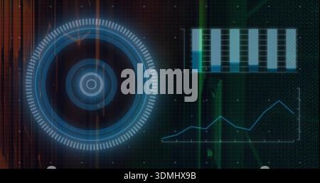 Showing large round HUD glowing left on sci-fi grid, displaying bar-chart, blue line, copy space Stock Photo