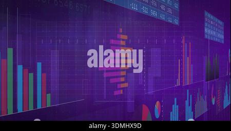 Displaying central magenta-orange stacked bars in dashboard, with left bars, pie charts, tiles Stock Photo