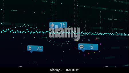 Displaying teal dot waveform on dark analytics panel, showing notification bubbles with metrics Stock Photo