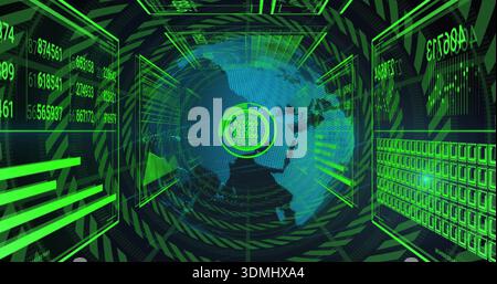 Displaying holographic globe rotating in cyber command tunnel, with green reticle and HUD rings Stock Photo