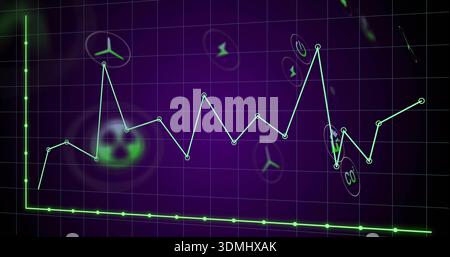 Displaying neon green zigzag line with node markers on purple grid screen, showing CO2, turbines Stock Photo