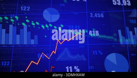 Displaying market dashboard on screen showing orange line uptrend bar pie charts green trail labels Stock Photo