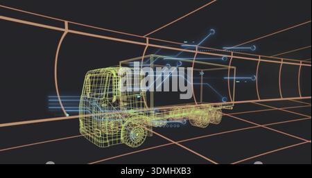 Displaying wireframe box truck moving through orange grid tunnel, showing blue HUD overlays Stock Photo