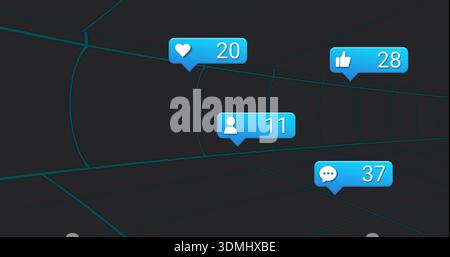 Floating blue notification bubbles moving above teal grid tunnel, showing counts 20,28,11,37 Stock Photo