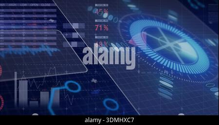 Displaying large circular radial gauge glowing on right of HUD, with TESTING PM percent readouts Stock Photo