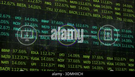 Displaying central data panel on dark screen, showing tickers, percents, grid, padlock, user icons Stock Photo