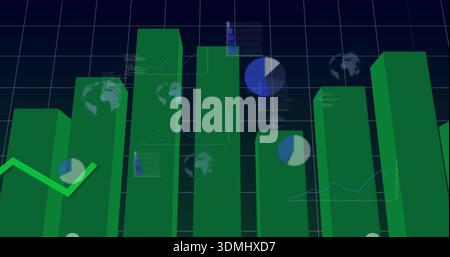 Displaying green 3D bars rising on digital dashboard, showing navy grid, pie, globes, zig-zag trend Stock Photo