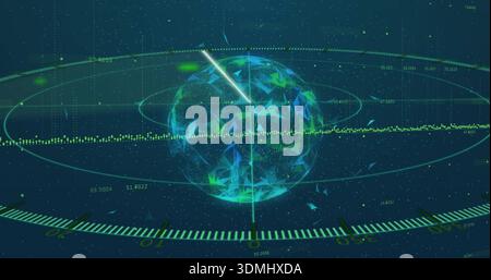 Projecting holographic globe rotating in virtual control display, showing scanning beam and rings Stock Photo
