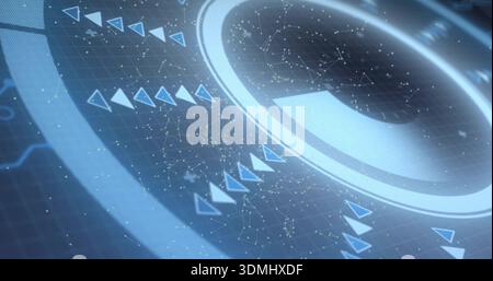 Displaying holographic ring centering on dark blue HUD, showing core, chevrons, node network, grid Stock Photo