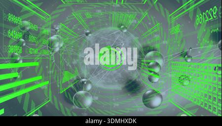 Glowing orb displaying ringed readouts in cyberspace tunnel, with metallic nodes and glowing lines Stock Photo