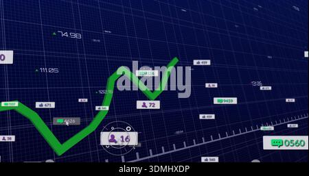 Displaying thick green trend line running across navy 3D grid dashboard, with UI badges and overlay Stock Photo