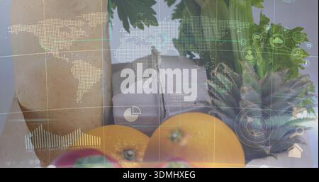 Displaying centered fruit still life on gray cloth with oranges, pineapple, ginger, digital overlay Stock Photo