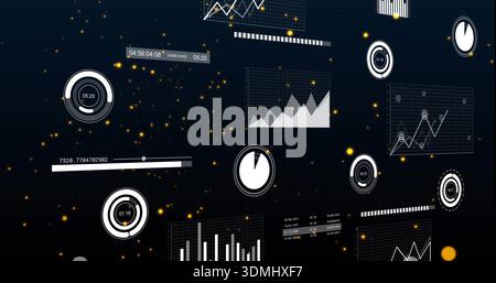 Displaying cluster of data widgets floating in dark space, showing grid charts and radial gauges Stock Photo