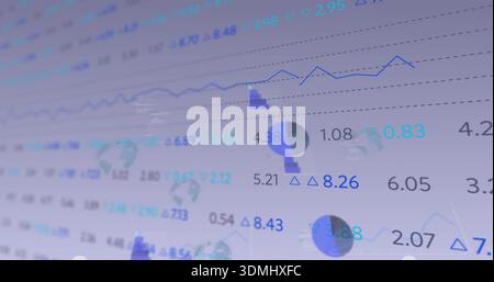 Displaying financial dashboard on digital screen, showing line charts, pie charts, numeric readouts Stock Photo