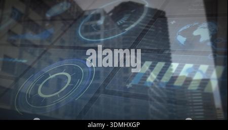 Displaying transparent HUD panels over glass window in tower, showing radar rings grid gauges globe Stock Photo