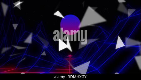 Glowing magenta sphere hovering in cyber valley, red grid road, neon ridges, floating white shards Stock Photo