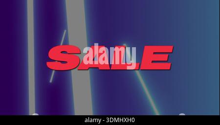 Displaying red 3D SALE floating on purple-to-teal gradient, with white neon bars and cyan beam Stock Photo