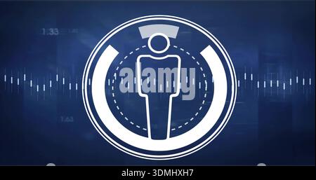 Displaying white emblem with human figure within concentric rings on blue interface, waveform bars Stock Photo