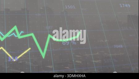 Displaying green jagged line graph moving across turquoise grid over blurred city, with 69% label Stock Photo