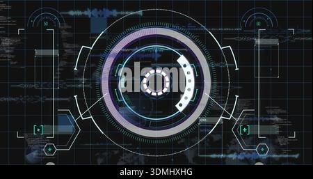 Displaying central multi-ring HUD rotating over dashboard, showing aperture, data panels, code Stock Photo