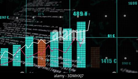Displaying dark dashboard showing tiled bar clusters with orange accent, two line graphs, teal grid Stock Photo