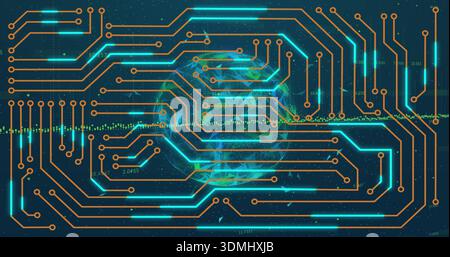 Connecting teal circuits and orange nodes across Earth globe in starfield, pulsing waveform Stock Photo