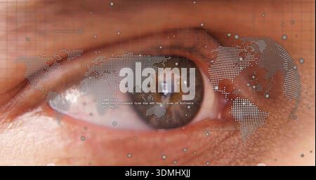 Revealing single brown eye displaying dotted world map overlay in extreme close-up, with data nodes Stock Photo