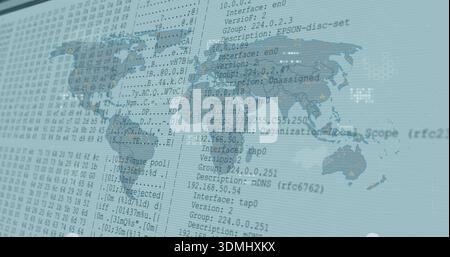 Displaying semi-transparent world map and network logs on workstation monitor, with IP addresses Stock Photo