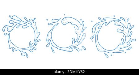 Splashes and drops, round frames, sketch. Vector illustration. Puddles and waves, set isolated on white background. Concept of summer, water Thai fest Stock Vector
