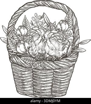 Woven basket with rose flower in vintage sketch outline style. Hand drawn black and white vector illustration with texture details. Perfect for card design print poster and holiday decoration. Stock Vector