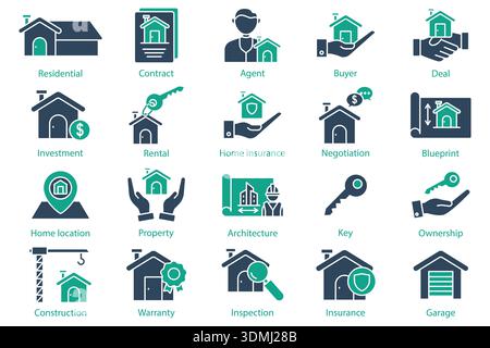 Real estate icon set. Solid icon style. Containing icon residential, rental, deal and more. Real estate element vector illustration Stock Vector