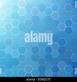 Futuristic blue gradient background featuring glowing hexagonal grid pattern with vibrant pink and neon blue for high tech digital aesthetic and cyber Stock Vector
