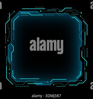 Neon blue tech border with glowing circuitry lines and futuristic digital interface for cyber security and virtual reality technology concepts Stock Vector