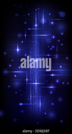 dark gradient backdrop highlights glowing blue circuit lines and sparkling particles for corporate technology presentations to fast global digital inn Stock Vector