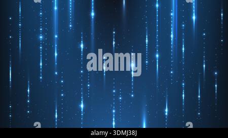 Futuristic blue motion light trails with shimmering glitter particles, digital matrix effect of data streaming deep space for technology and science i Stock Vector