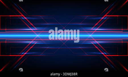 Futuristic technology background with glowing neon red and blue light streaks in symmetrical geometric pattern for digital innovation and high tech cy Stock Vector
