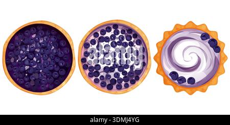 Homemade blueberry pie set, tart top view whole with yogurt or cream an blueberry round bakery, dessert top view in cartoon style isolated on white background. Vector illustration Stock Vector