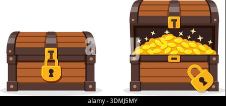 Treasure chest icon in flat style. Money box vector illustration on isolated background. Financial container sign business concept. Stock Vector