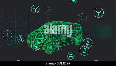 Displaying green passenger van rotating in 3D studio, with floating recycle and CO2 icons Stock Photo