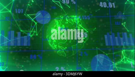 Displaying holographic globe with numeric overlays on virtual panel, showing grid and node network Stock Photo
