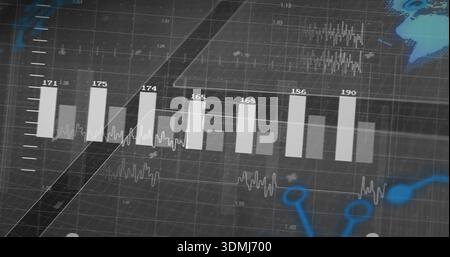 Displaying wide vertical bars centering on dark dashboard, showing numeric labels and waveforms Stock Photo