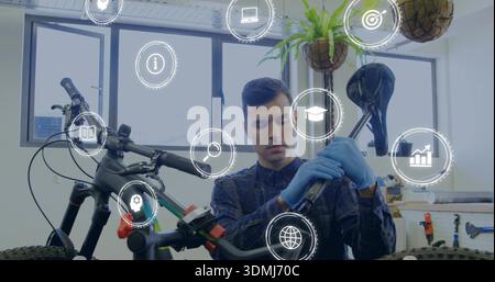 Adjusting bike mechanic tightening seat post in workshop, with bike, digital icons, apron, gloves Stock Photo