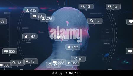 Displaying dotted 3D head mesh being analyzed with floating notification bubbles at virtual HUD Stock Photo