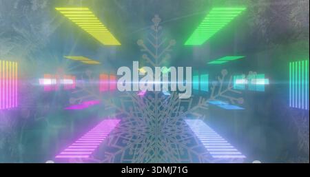 Floating large ornate translucent snowflake hovering, glowing in virtual corridor, with neon panels Stock Photo